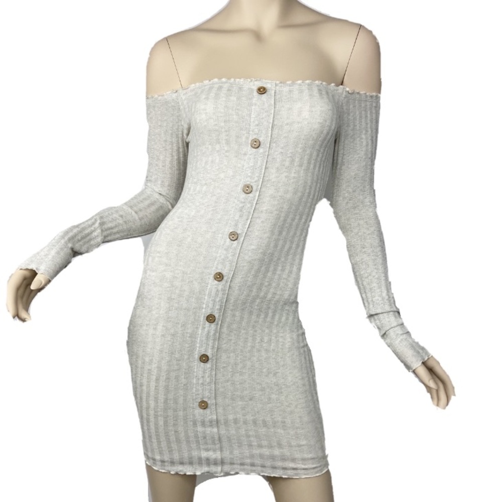 Fashion Nova Off Shoulder Ribbed Oatmeal Dress